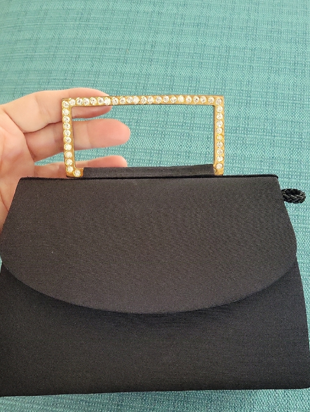 Black Evening Clutch with Gold Crystal Rectangular Handle
